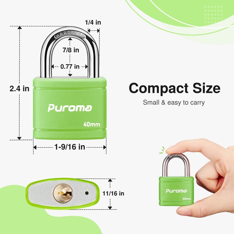 Puroma Keyed Padlock with 2 Keys Alike, 7/8 Inch Locker Lock 40mm Heavy-Duty Locks for Gate Fence Hasp Cabinet Toolbox School Gym Locker (Green) - Image 2