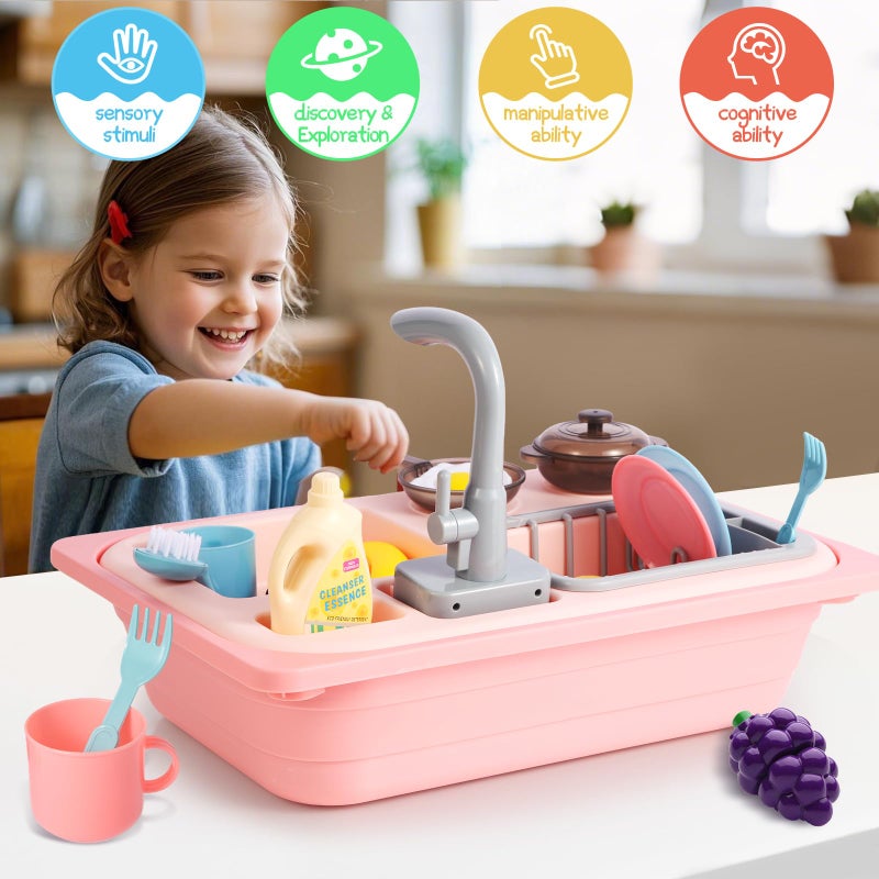 Asweets Color Changing Kitchen Sink Toys, Toddler Sink Toys with Running Water, Pretend Play Toys with Upgraded Faucet, Automatic Water Cycle System (Pink) - Image 4
