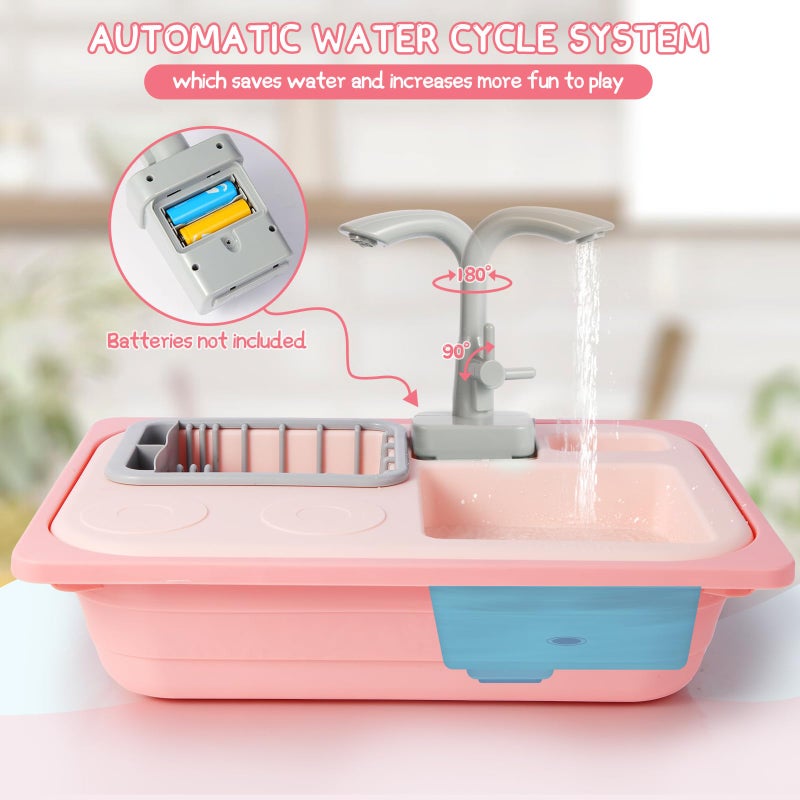 Asweets Color Changing Kitchen Sink Toys, Toddler Sink Toys with Running Water, Pretend Play Toys with Upgraded Faucet, Automatic Water Cycle System (Pink) - Image 2