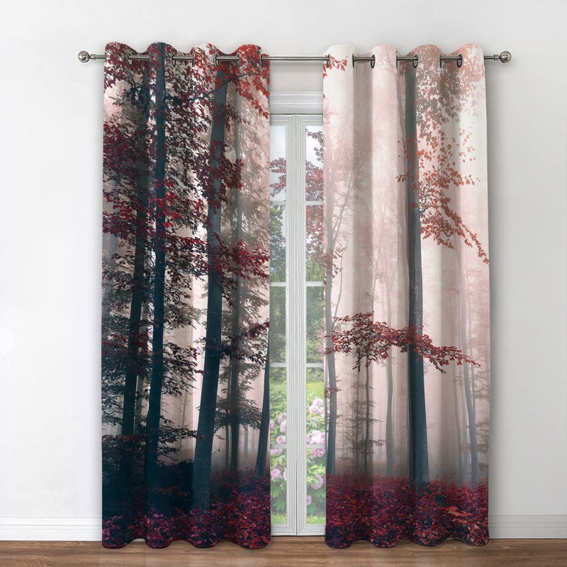 Jekeno Fall Tree Forest Blackout Curtains Autumn Orange Leaves Mystic Foggy Forest Fall Nature Scenery Wood Room Decor for Halloween Bedroom Living Room Grommet Window Drapes 2 Panel Set  42""x54"" - Image 2