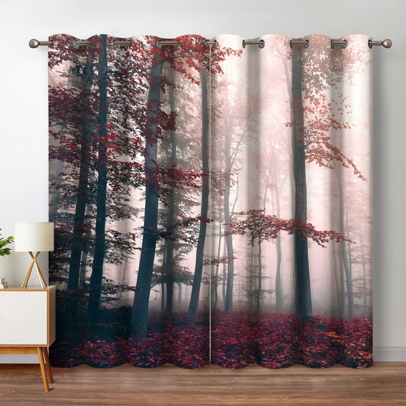 Jekeno Fall Tree Forest Blackout Curtains Autumn Orange Leaves Mystic Foggy Forest Fall Nature Scenery Wood Room Decor for Halloween Bedroom Living Room Grommet Window Drapes 2 Panel Set  42""x54"" - Image 1