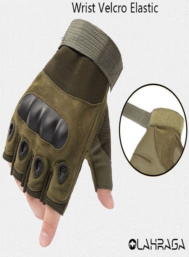 ZaySoo Mesh Tactical Half Finger Leather Gym Gloves for Professional Weightlifting, Fitness Training and Workout | with Half-Finger Length, Wrist Wrap for Protection | and Tactical Thumb - Green - Image 3