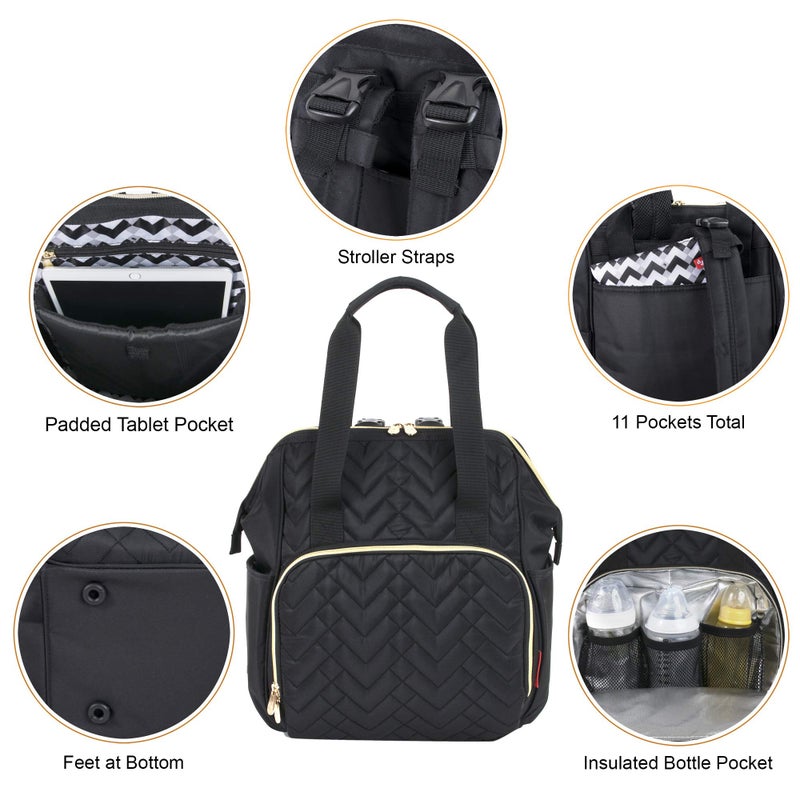 Baby Essentials Quilted Backpack Diaper Bag Tote with Changing Pad, Stroller Straps, Insulated Bottle Compartment (Midnight Black) - Image 4
