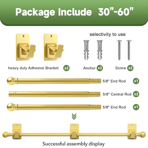 EKOTTOK Heavy Duty Curtain Rods No Drilling for Windows 30 to 60 Inches,5/8 Inch Diameter No Drill Small Curtain Rod Set with Adhesive Brackets, Gold - Image 5