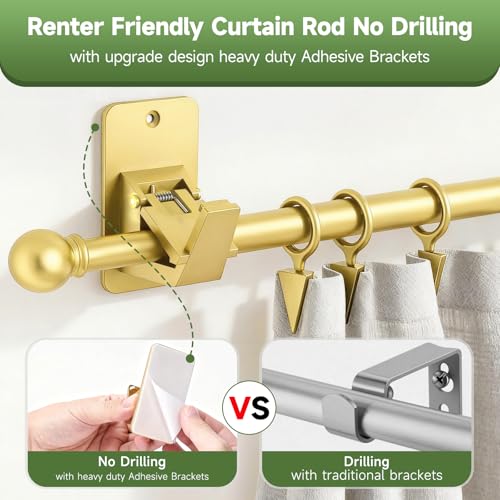 EKOTTOK Heavy Duty Curtain Rods No Drilling for Windows 30 to 60 Inches,5/8 Inch Diameter No Drill Small Curtain Rod Set with Adhesive Brackets, Gold - Image 2