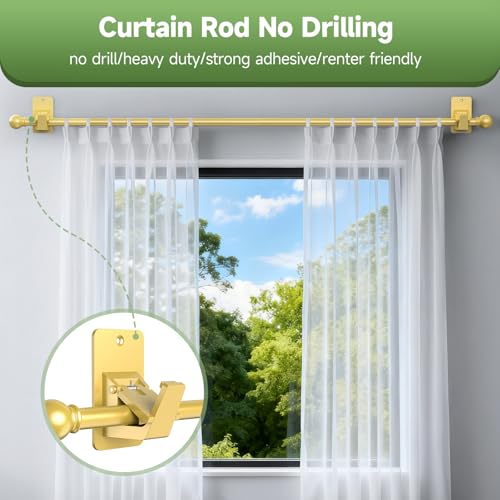 EKOTTOK Heavy Duty Curtain Rods No Drilling for Windows 30 to 60 Inches,5/8 Inch Diameter No Drill Small Curtain Rod Set with Adhesive Brackets, Gold - Image 3