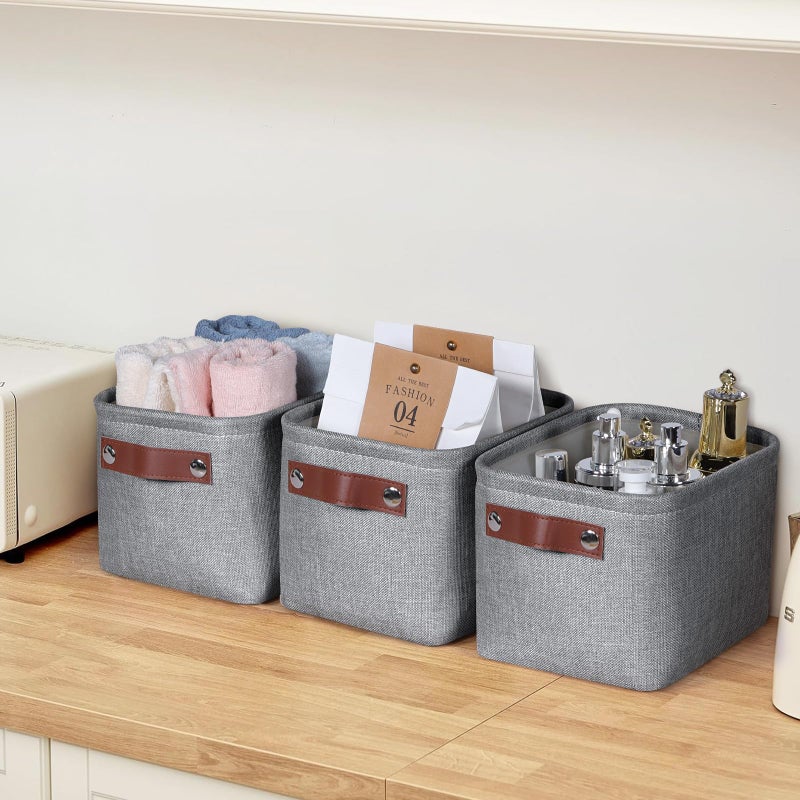 Kntiwiwo Small Fabric Storage Bins, 7.8x6.7x5.9 inch Mini Storage Cubes 4-Pack Storage Basket for Makeup Collapsible Fabric Storage Organizer with Handles, Decorative Basket for Desk, Shelves, Grey - Image 5