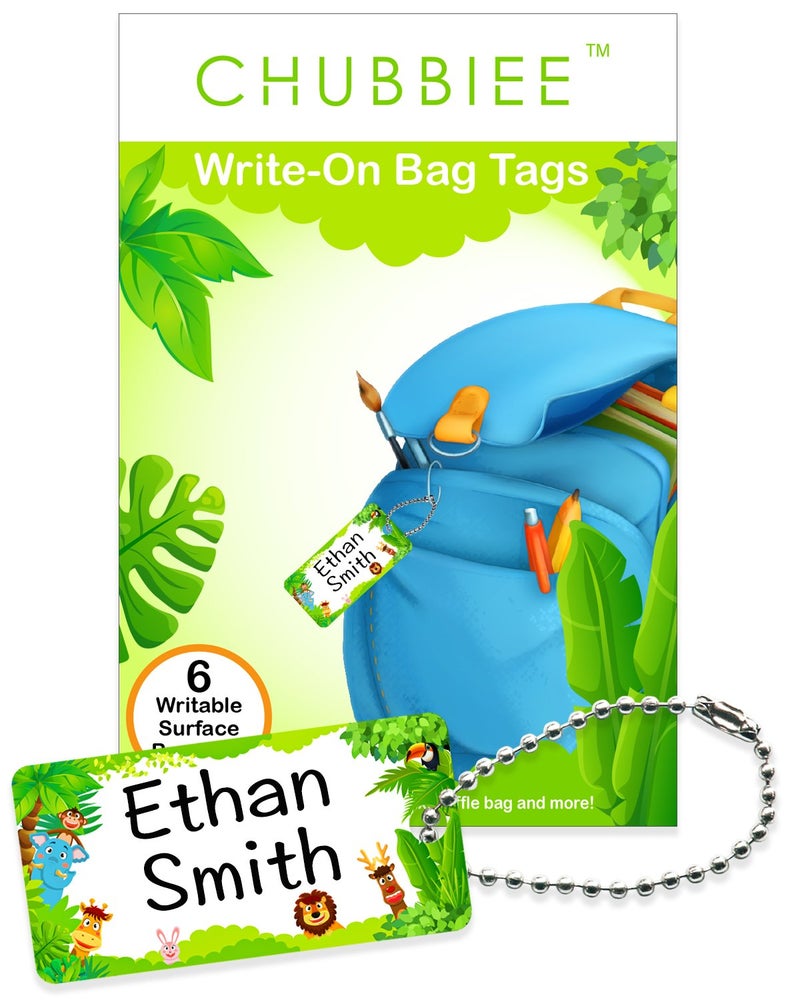 CHUBBIEE Child ID Bag Tags, Write-On Kids Name Tags for Backpack, Lunchbox & Diaper Bag, Great for Preschool & Daycare, Pack of 6 (Green Forest) - Image 1
