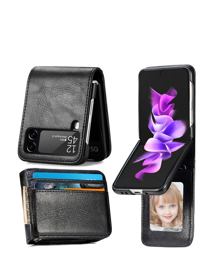 SYOSI KASTWAVE for Samsung Galaxy Z Flip 3 Case Wallet Case with Card Holder, Slim Fit Premium PU Leather + Hard PC Protective Flip Phone Cover for Samsung Galaxy Z Flip 3 5G 2021 (Black) - Image 1