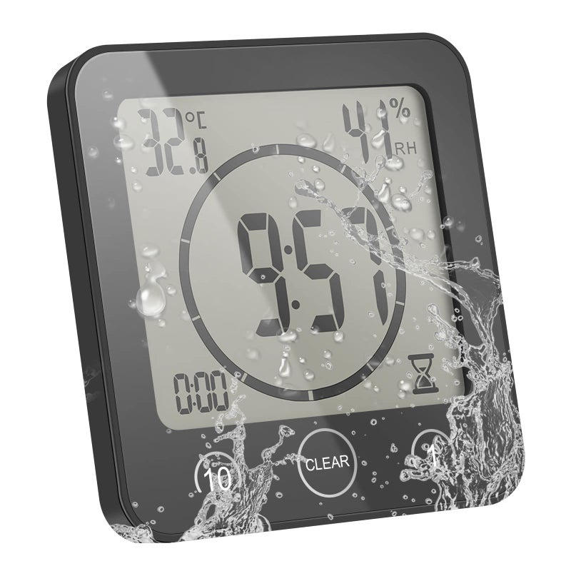 ALLOMN Shower Clock Waterproof Shower Timer CelsiusFahrenheit Humidity Display and Shower Timer Wall Clock for Bathroom with Touch Control Waterproof Timer for Shower for Cooking in The Shower