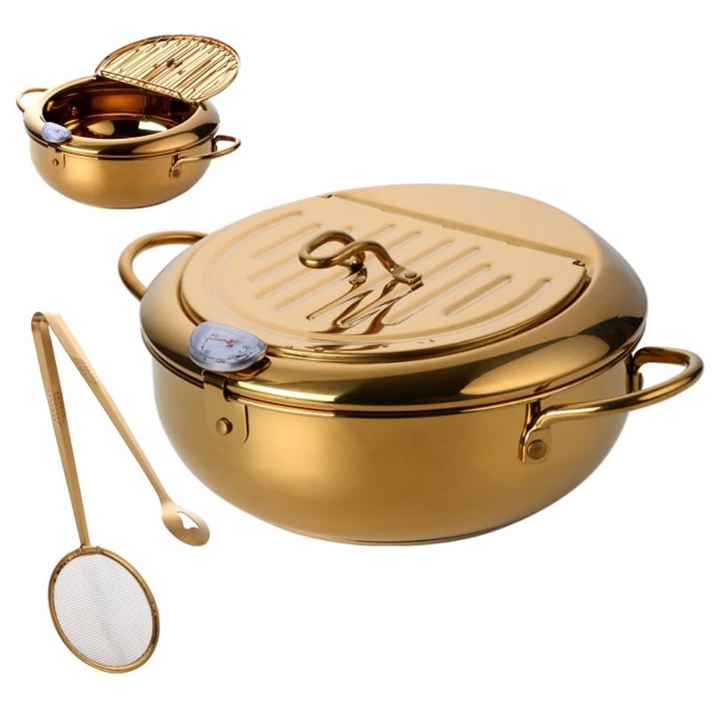 BOOTLION Stainless Steel Deep Fryer for Home, 115Oz Tempura Fryer Pot w/Thermometer and Oil Drip Rack Lid, Japanese Style Deep Frying Pan w/Strainer Clip, for Tempura chips, Fish, and Chicken (Gold) - Image 1