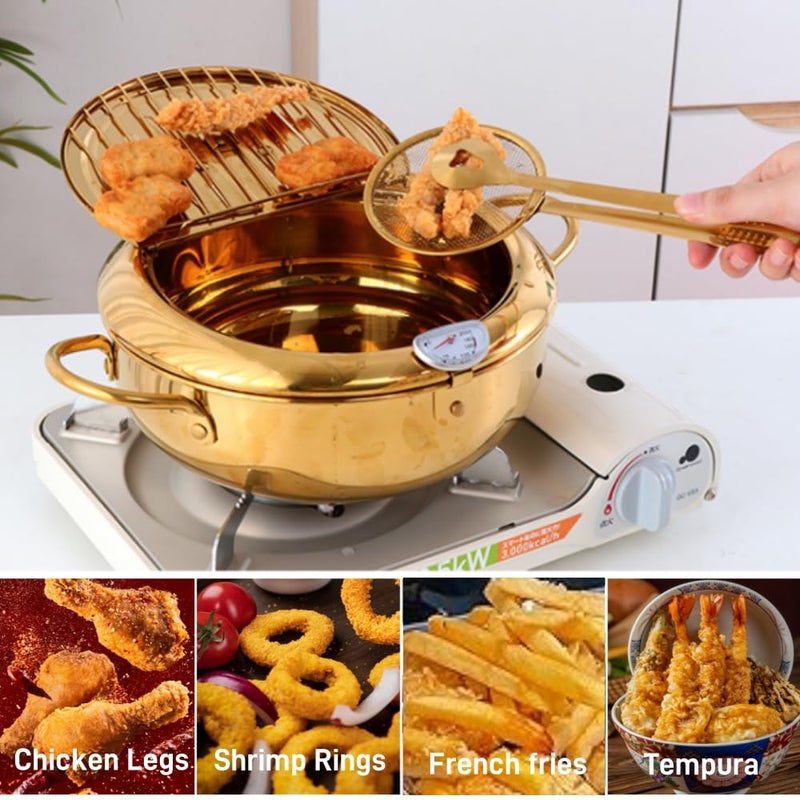 BOOTLION Stainless Steel Deep Fryer for Home, 115Oz Tempura Fryer Pot w/Thermometer and Oil Drip Rack Lid, Japanese Style Deep Frying Pan w/Strainer Clip, for Tempura chips, Fish, and Chicken (Gold) - Image 2
