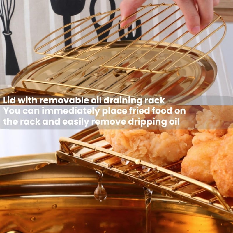BOOTLION Stainless Steel Deep Fryer for Home, 115Oz Tempura Fryer Pot w/Thermometer and Oil Drip Rack Lid, Japanese Style Deep Frying Pan w/Strainer Clip, for Tempura chips, Fish, and Chicken (Gold) - Image 4