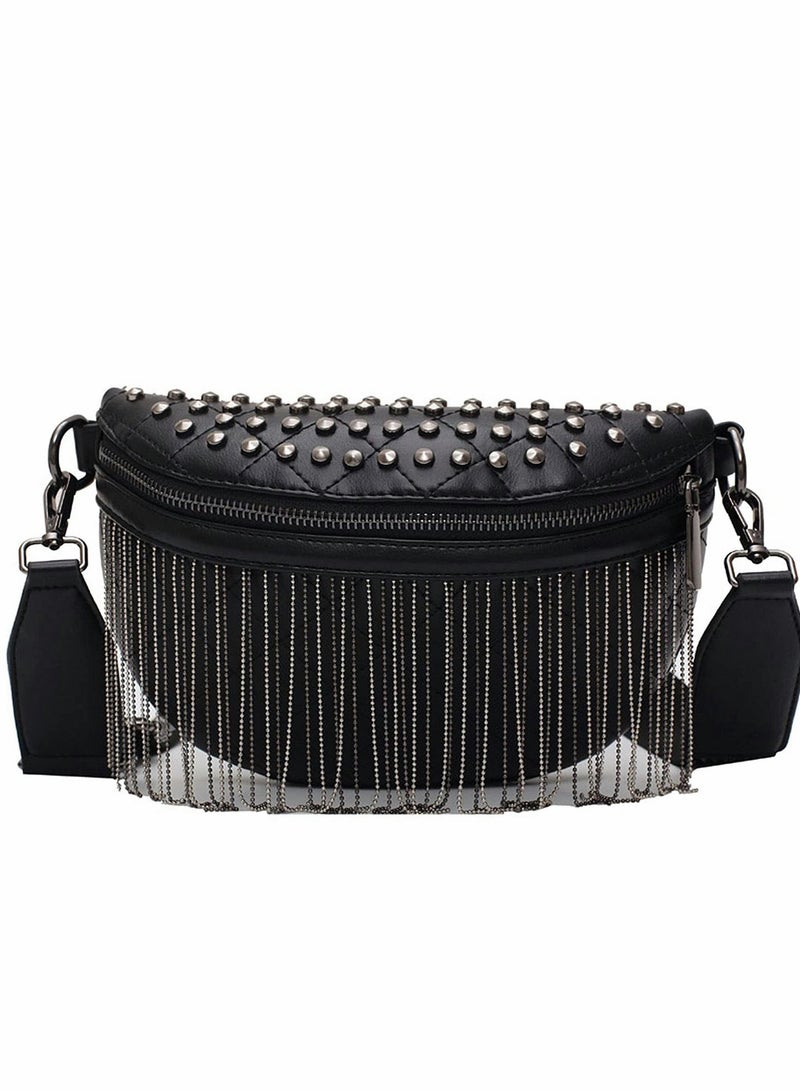 Fanny Pack for Women Girls Leather Glitter Rhinestone Tassel Crossbody Shoulder Bag Rivet Chest Fashion Waist Bag, Black - Image 1