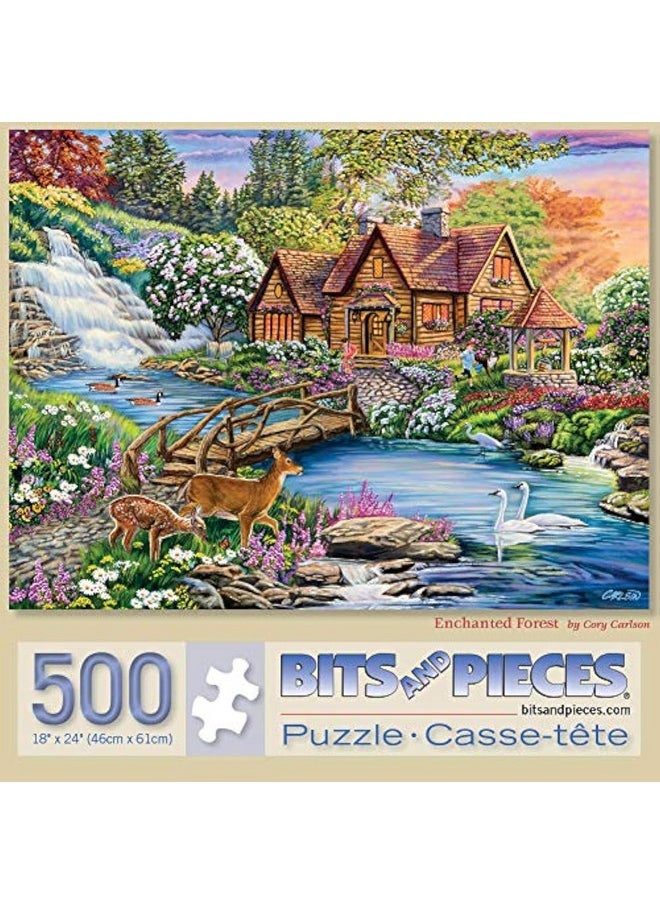 Bits and Pieces Bits and Pieces - 500 Piece Jigsaw Puzzle for Adults 18" x 24" - Enchanted Forest - 500 pc Woodland Cottage, Nature Animals, Waterfall Stream Jigsaw by Artist Cory Carlson  - Image 1