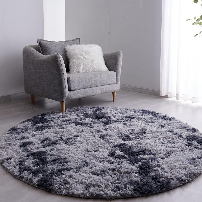 FJZFING Tie-Dyed Dark Grey Round Rug Ultra-Soft Plush Modern 4x4 Circle Area Rug for Kid's Bedroom, Fluffy Shag Circular Rug for Nursery Room, Non-Slip Home Decor Cute Carpet for Teen's Room - Image 1