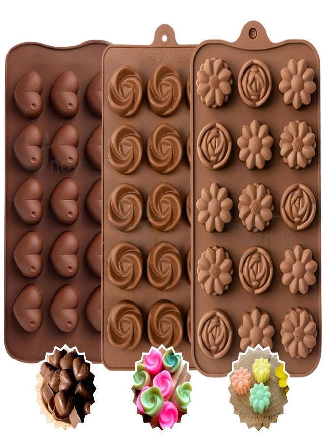 Undy Chocolate Mould Silicone Swirl Rose Heart Mix Flowers Shape Chocolate Mould for Chocolate Making Multipurpose Jelly Ice Cubes Cake Decoration Tools, 3 PCS, Brown - Image 1