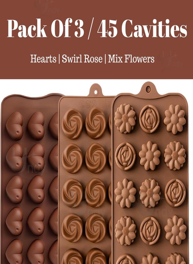 Undy Chocolate Mould Silicone Swirl Rose Heart Mix Flowers Shape Chocolate Mould for Chocolate Making Multipurpose Jelly Ice Cubes Cake Decoration Tools, 3 PCS, Brown - Image 2