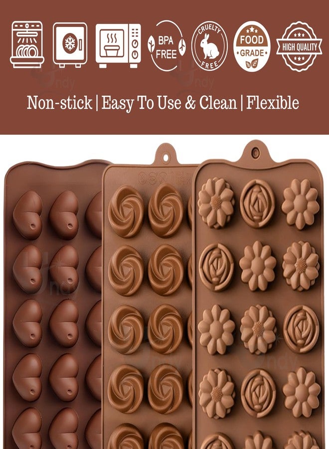 Undy Chocolate Mould Silicone Swirl Rose Heart Mix Flowers Shape Chocolate Mould for Chocolate Making Multipurpose Jelly Ice Cubes Cake Decoration Tools, 3 PCS, Brown - Image 3
