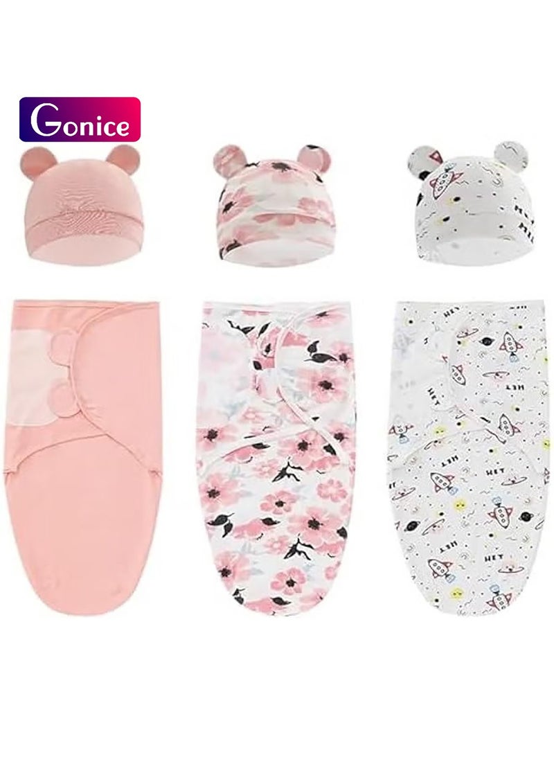 Gonice Baby Swaddle Sleep Sack with Hat Set for 0-3 Months 3-Pack Soft Cotton Newborn Wearable Swaddle Wrap for Girls Boys(Pink Flower Set)  - Image 1