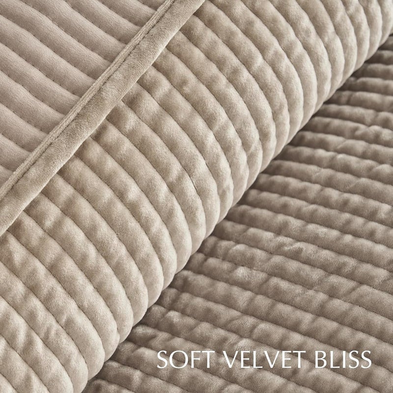 EVERGRACE Velvet Quilt Set Queen Size, Luxurious Soft Quilted Bedding Sets, Lightweight Velvet Comforter for All Season, Striped Channel Bedspread Coverlet with 2 Shams, Urban Taupe - Image 5