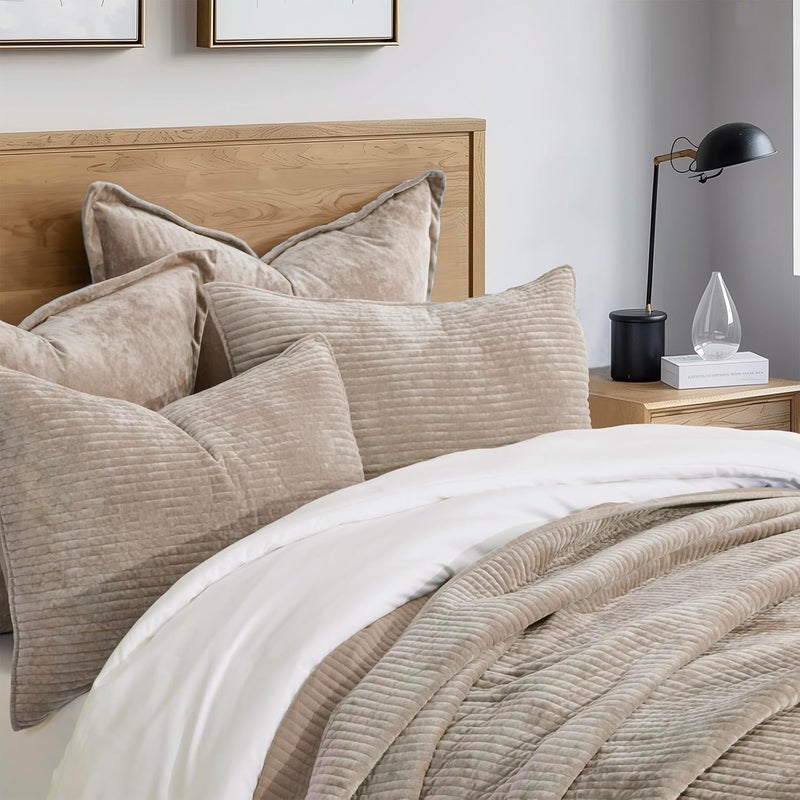 EVERGRACE Velvet Quilt Set Queen Size, Luxurious Soft Quilted Bedding Sets, Lightweight Velvet Comforter for All Season, Striped Channel Bedspread Coverlet with 2 Shams, Urban Taupe - Image 2