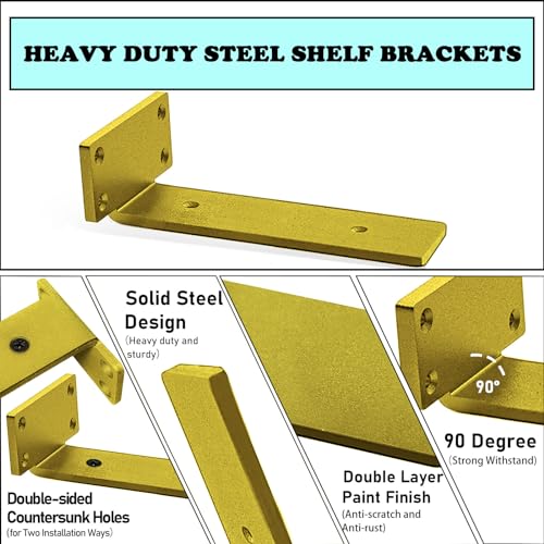YMDparts Floating Shelf Brackets Heavy Duty - 1/5 Inch Thick Industrial Gold Metal L Brackets, Premium Solid Steel Shelf Supports for Shelves - 6 Inch Heavy Floating Shelves Hardware (6Pcs) - Image 3