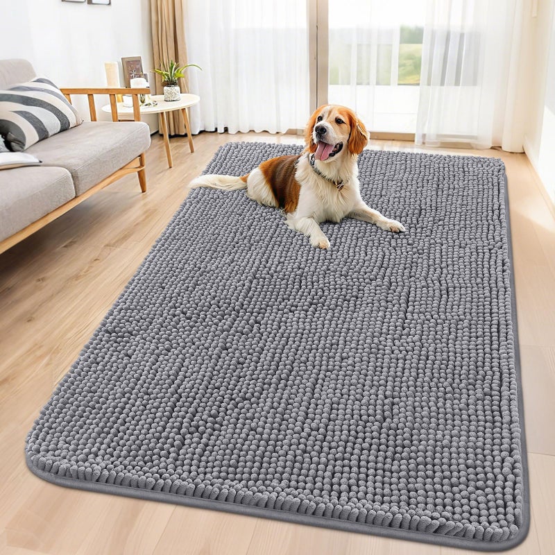 Smiry Dog Door Mat for Muddy Paws 59x35, Absorbs Moisture and Dirt Doormat, Non-Slip Washable Quick Dry Chenille Front Door Mat Indoor Entrance, Entryway Carpet for Inside Floor, Grey - Image 1