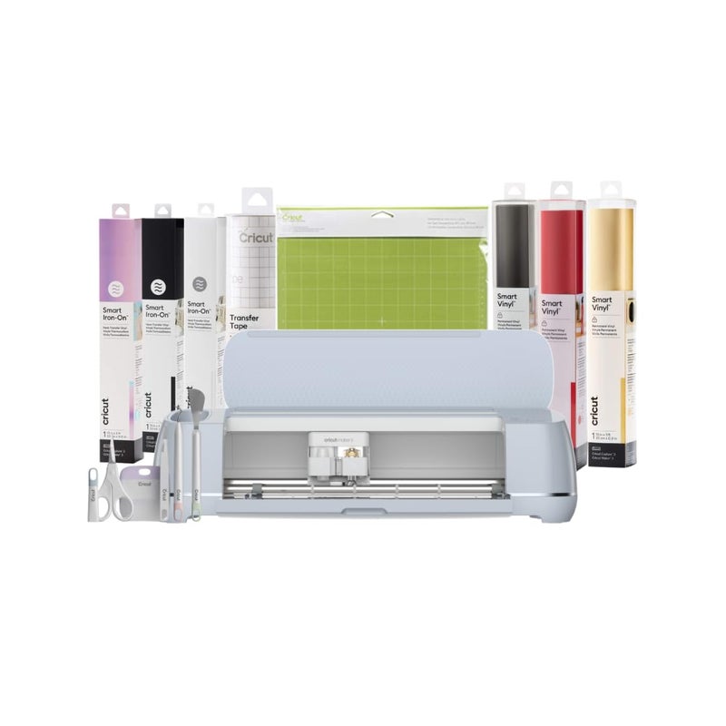 Cricut حزمة أساسية من كريكت ميكر 3 تشمل الفينيل الدائم الأسود والأبيض والفضي والهولوجرافيك والحرير الحراري والفينيل الحراري SMRT Io 33X91 سم ورقة واحدة شريط نقل مجموعة أدوات أساسية حصائر ذات قبضة قياسية - Image 1