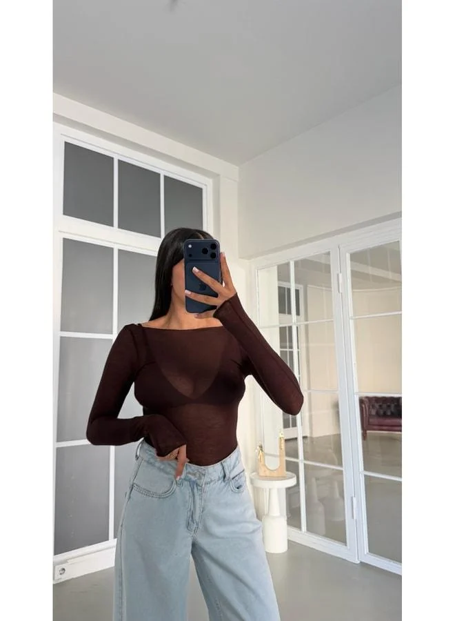 Gaus Coffee Boat Neck Equivalent Cashmere-Textured Transparent Blouse GAUS-01935.