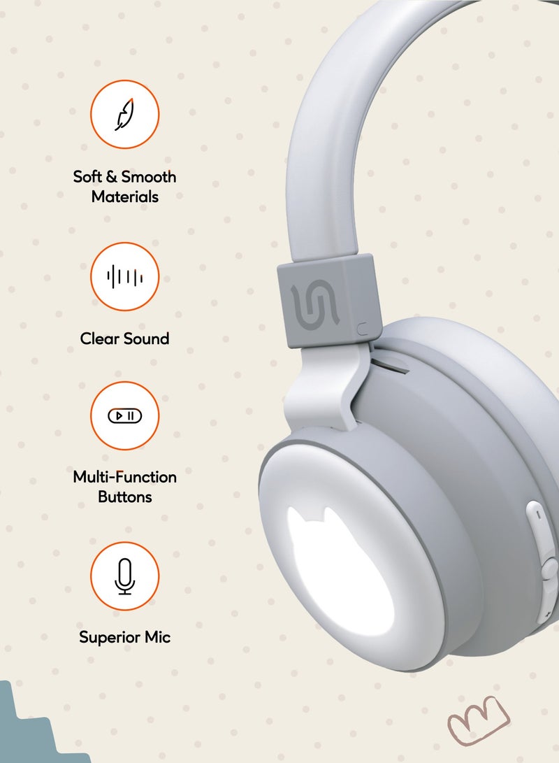 porodo Soundtec Kids Wireless Over-Ear Headphone / Easy Pairing / Clear Sounds / Comfortable Fit / Touch Controls / Safe and Soft Materials- White Cat  - Image 2
