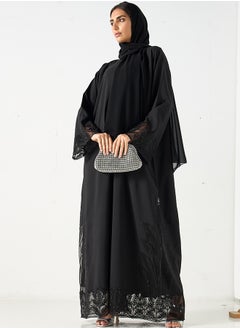 Hadiyath Al Madinah Monochrome Sheer Embroidered Abaya - HM  - Image 3