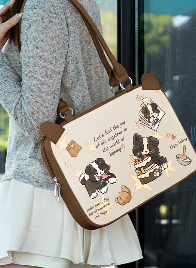 حقيبة كمبيوتر محمول مقاس 13.3/14/15 بوصة، حقيبة كمبيوتر محمول متعددة الوظائف ذات سعة كبيرة لأجهزة الكمبيوتر المحمولة منMAC HP وDell وAcer وAsus، باللون البني، كلب صغير بيج - Image 1