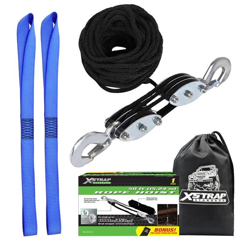 XSTRAP STANDARD XSTRAP STANDARD Heavy-Duty 2,000 LB Breaking Strength 50 FT Rope Hoist, 1000 LB Work Load Block and Tackle Pulley System for Lifting Heavy Objects (Black) - Image 1