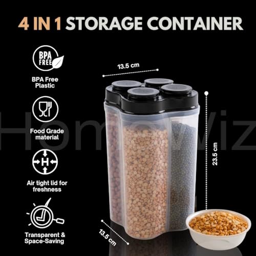 HomeWiz 4 Section Kitchen Storage Box | Fridge Storage Containers | Airtight, Durable, BPA-Free Plastic Container | Organize Grains, Pulses, Snacks & Food in One Jar | (2500ml), Black - Image 3