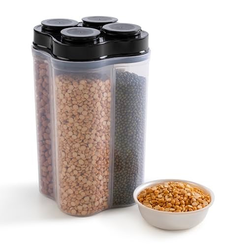HomeWiz 4 Section Kitchen Storage Box | Fridge Storage Containers | Airtight, Durable, BPA-Free Plastic Container | Organize Grains, Pulses, Snacks & Food in One Jar | (2500ml), Black - Image 1