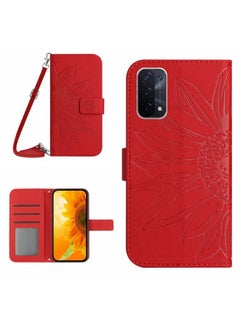 HuHa Case Cover For OPPO A54 5G/A74 5G/A93 5G/A93S 5G Skin Feel Sun Flower Pattern Flip Leather Phone Case with Lanyard Red 