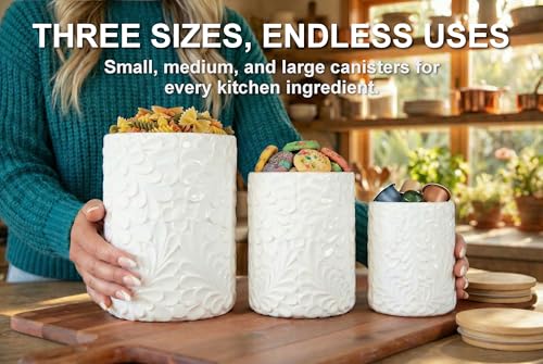 25DOL Engraved Design Kitchen Canisters Set of 3 with 74 Oz, 36 Oz, and 18 Oz - White Storage Jars for Countertop with Airtight Bamboo Lids - Large Flour Tea Coffee Sugar Spices Container - Decorative - Image 3