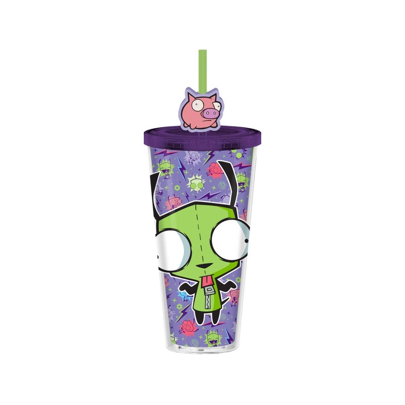 Silver Buffalo Invader Zim Gir Pattern Plastic Cold Cup with Lid and Straw Topper, 24 Ounces - Image 3