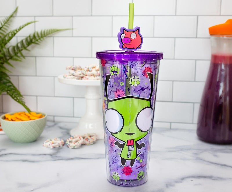 Silver Buffalo Invader Zim Gir Pattern Plastic Cold Cup with Lid and Straw Topper, 24 Ounces - Image 2