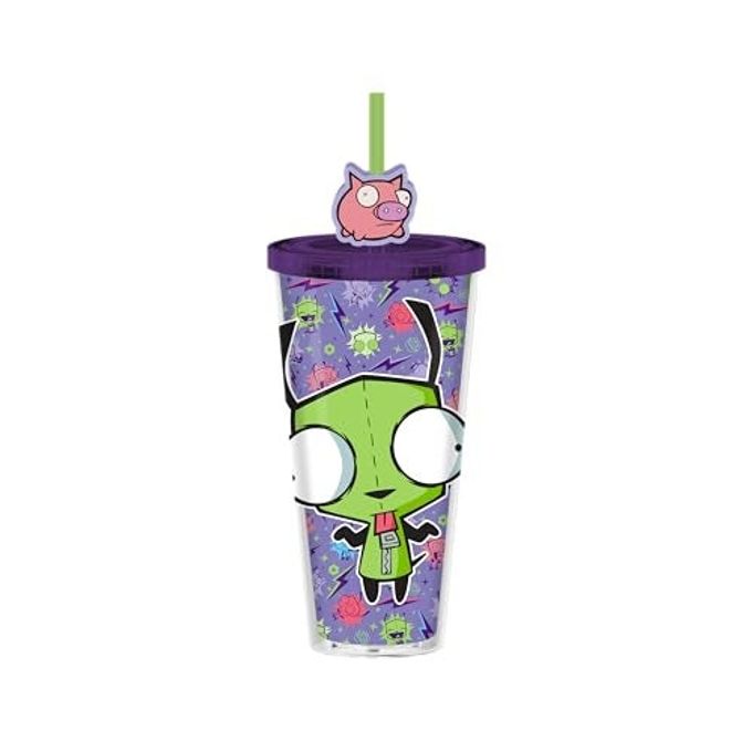 Silver Buffalo Invader Zim Gir Pattern Plastic Cold Cup with Lid and Straw Topper, 24 Ounces - Image 1