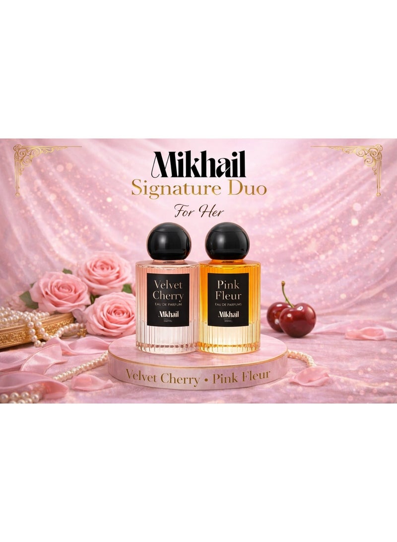MIKHAIL Mikail Signature Duo for Her – Velvet Cherry & Pink Fleur | 2 x 50ML Eau De Parfum | Long-Lasting Luxury Women’s Perfume Combo | Floral Fruity & Warm Amber Scent - Image 2