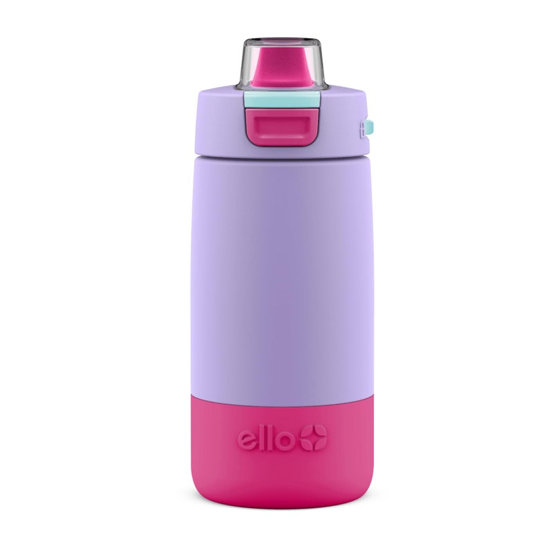 Ello Kids Colby 12oz Stainless Steel Insulated Water Bottle with Straw and BuiltIn Silicone Coaster Carrying Handle and LeakProof Locking Lid for School Backpack Lunchbox and Outdoor Sports Lilac