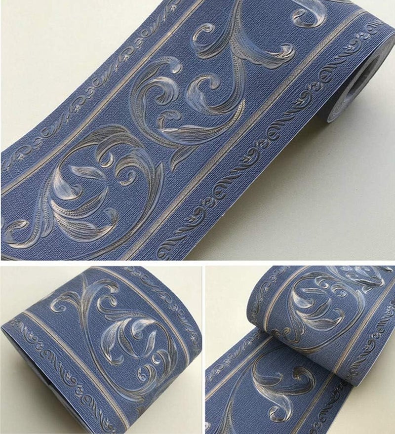 UPREDO 3D Decorative Floral Molding Waterproof Wallpaper Border Peel and Stick for Bathroom Kitchen Counter Top Backsplash Tiles Sticker,4 Inch by 16.4Ft (Dark Blue) - Image 2