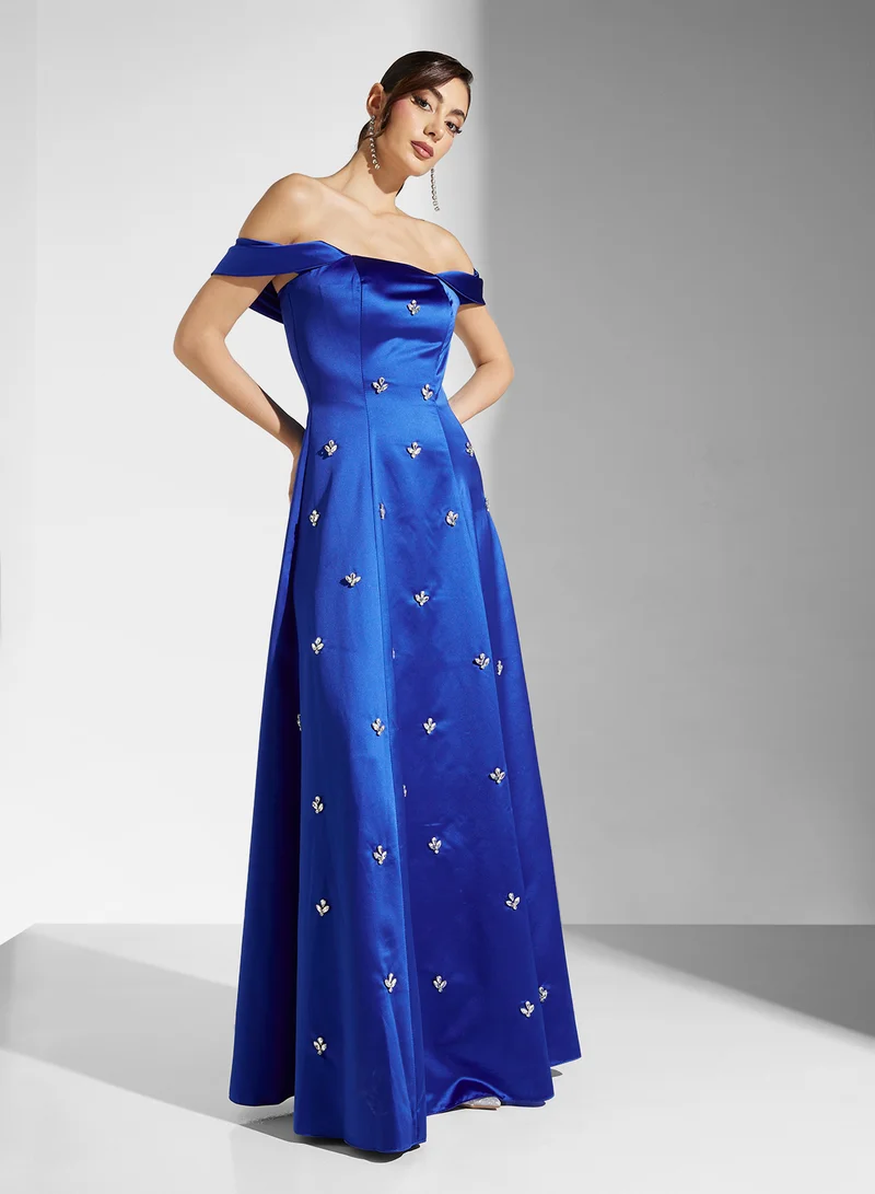 Akadia Fashion Satin Off-Shoulder Dress