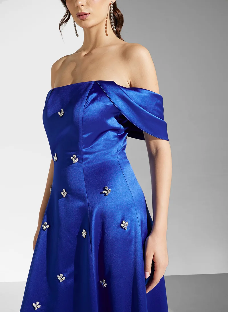 Akadia Fashion Satin Off-Shoulder Dress