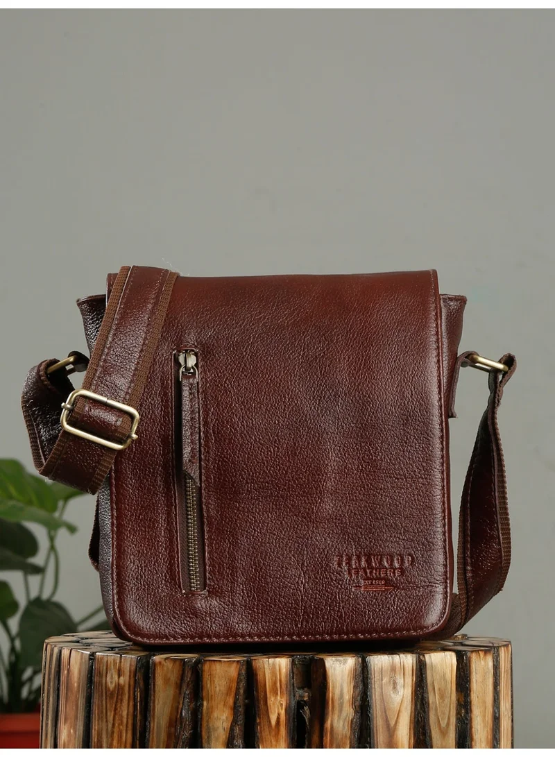 Teakwood Teakwood Leathers Genuine Leather Messenger Bag for Men & Women | Vintage Cherry Crossbody Sling Bag | Multiple Zip Pockets | Spacious Main Compartment with Internal Organizer | Front Flap Pocket | Adjustable Shoulder Strap | Travel, Office & Everyday Utility Bag