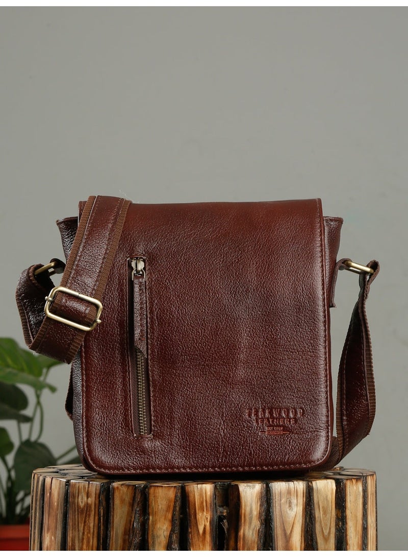 Teakwood Leathers Genuine Leather Messenger Bag for Men & Women | Vintage Cherry Crossbody Sling Bag | Multiple Zip Pockets | Spacious Main Compartment with Internal Organizer | Front Flap Pocket | Adjustable Shoulder Strap | Travel, Office & Everyday Utility Bag - Image 1