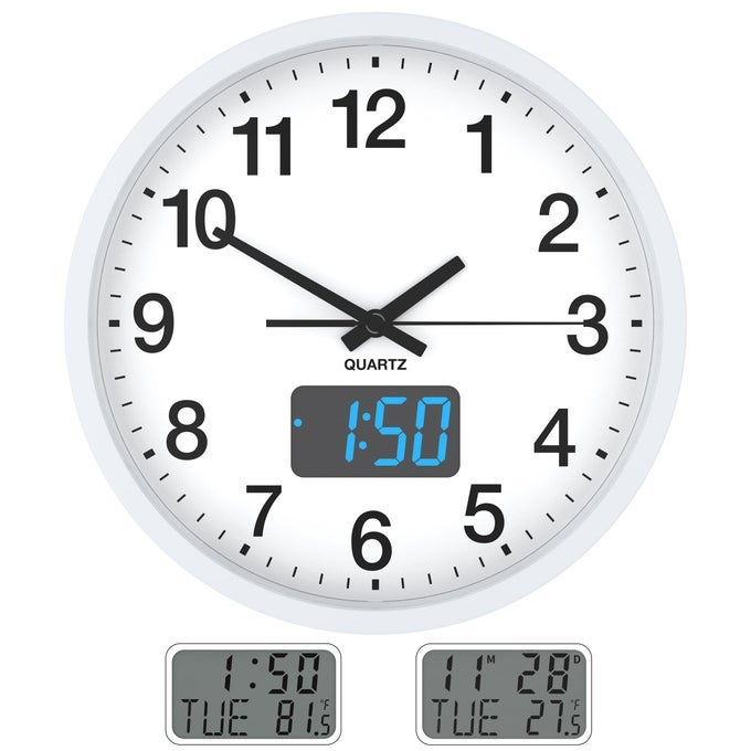 WALL CLOCK 12 INCH ANALOG CLOCK WITH LED DIGITAL CLOCKLCD TIME DATE AND TEMPERATURE DISPLAY BATTERY OPERATED DIAL ULTRAQUIET MOVEMENT QUARTZ WALL CLOCK FOR OFFICE CLASSROOM SCHOOL HOME BEDROOM