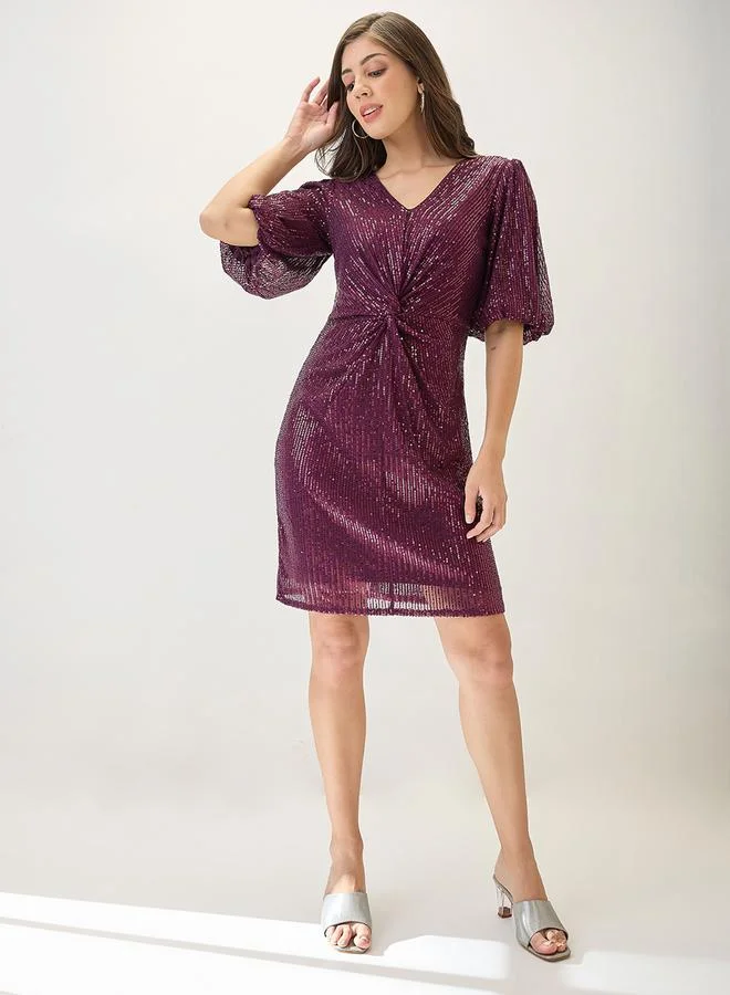 Burgundy Puff Sleeves Twisted Sequined Mini Dress